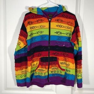 Rising international bright multicolor rainbow zip up hoodie.